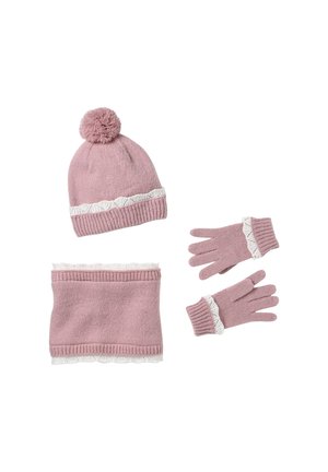 Pink knitted winter set includes a pom-pom hat, gloves, and neck warmer, each trimmed with white lace detailing.