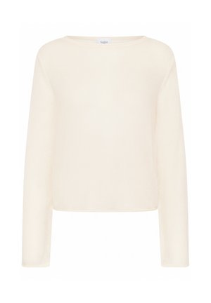 Langärmliges Strickoberteil in Cremefarben mit rundem Ausschnitt und kleinem Etikett am hinteren Kragen, auf weißem Hintergrund präsentiert.