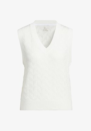 Hvid ærmeløs strikket vest med V-hals, tekstureret mønster og ribbet kant. Fremstillet af blødt, åndbart materiale.