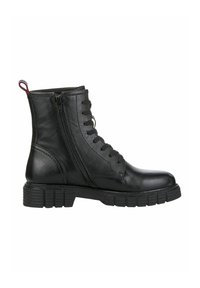 Black leather ankle boot with a lace-up front and side zipper, featuring a rugged sole and textured finish. Reinforced stitching along seams.