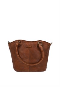 Borsa a mano in pelle marrone con doppi manici e bordo superiore leggermente curvo, mostrata su sfondo bianco.