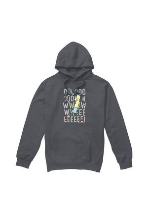 Dark gray hoodie with cartoon character in blue shirt and hat jumping, surrounded by stylized white letters spelling "WEEEEE!"