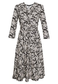 Robe portefeuille noire avec motif floral blanc, manches longues, col en V et ceinture à la taille, longueur genou.
