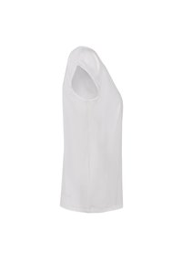 White short-sleeve T-shirt, crew neck, made from soft cotton, features a straight cut with a smooth texture and no visible patterns or embellishments.