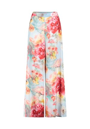 Bukser med vide ben i let stof med blomstermønster i nuancer af pink, koral og blå samt elastisk talje.