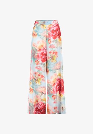 Bukser med vide ben i let stof med blomstermønster i nuancer af pink, koral og blå samt elastisk talje.