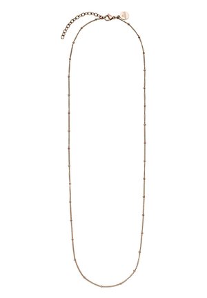 Zarte Halskette aus roségoldener Kette mit kleinen, gleichmäßig verteilten Perlen und verstellbarem Verschluss mit Verlängerungskettchen.