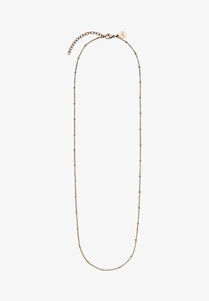 Zarte Halskette aus roségoldener Kette mit kleinen, gleichmäßig verteilten Perlen und verstellbarem Verschluss mit Verlängerungskettchen.