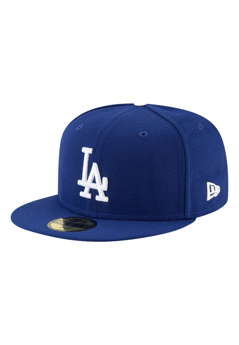 Blue baseball cap made of fabric with a flat brim. Features a white embroidered "LA" logo on the front and a New Era logo on the side.