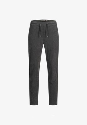 Szare spodnie z korduroy z elastycznym paskiem w talii, regulowanym sznurkiem i zwężanymi nogawkami. Posiadają delikatną pionową fakturę prążków.