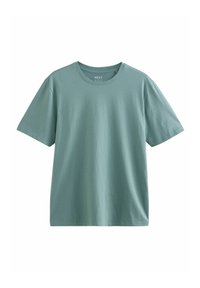 Gaiši zaļš īsām piedurknēm T-krekls, kas izgatavots no kokvilnas. Kreklam ir apaļa kakla izgriezums, gluda tekstūra un nav redzamu rakstu vai rotājumu.