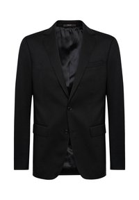 Černý blazer s jednou řadou knoflíků, klopami a dvěma předními kapsami, saténovou podšívkou. Jednoduché zapínání na knoflík.