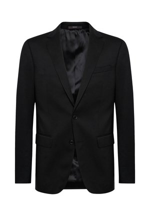 Zwarte blazer met een enkelzijdig ontwerp, met een reverskraag, twee voorzakken en een satijnen binnenvoering. Eenvoudige knoopsluiting.