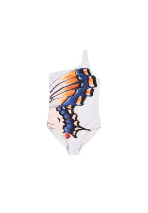 Maillot de bain blanc à une épaule avec une impression d'aile de papillon colorée sur le devant, présentant des accents orange, bleu, noir et rouge.