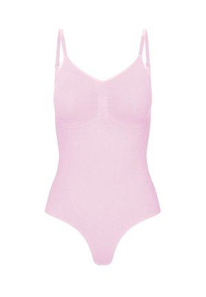 Light pink seamless bodysuit with adjustable shoulder straps and molded cups, designed for smooth fit and comfort.