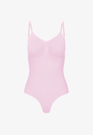 Helles, rosafarbenes nahtloses Bodysuit mit verstellbaren Schulterträgern und geformten Körbchen, entwickelt für eine glatte Passform und Komfort.