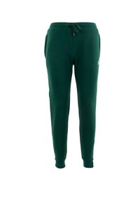 Pantalones de chándal verde oscuro con cintura elástica y cordón, bolsillos laterales, tobillos acampanados y un pequeño detalle de logo en la parte frontal.