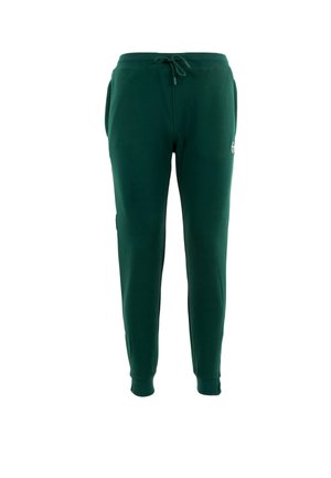 Ciemnozielone spodnie dresowe z elastycznym pasem i sznurkiem, bocznymi kieszeniami, ściągaczami na kostkach oraz małym logo z przodu.