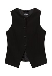 Gilet sans manches noir en tissu lisse, présentant un col en V, une fermeture à cinq boutons et un ourlet droit avec un léger évasement à l'arrière.