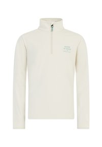 Witte pullover met een hoge kraag en een kwart rits. Heeft een blauw logo met de tekst "HOUSE OF SNOW PROTEST" op de linkerborst. Soepele textuur.