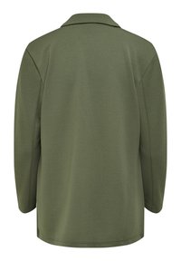 Olivinvihreä pitkähihainen paita, jossa on merkattu kaulus ja sileä, teksturoitu kangas. Yksinkertainen muotoilu, jossa ei ole näkyviä kiinnityksiä tai kuvioita.