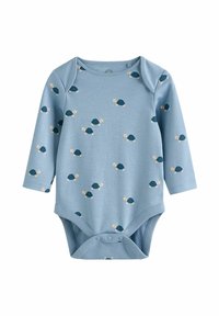 Combinaison à manches longues bleu clair en tissu doux, ornée d'un motif de petites tortues en bleu foncé et beige. Fermetures à pression au bas.