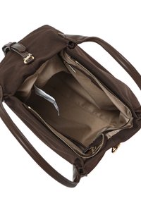 Borsa in tela marrone con dettagli in pelle, tasca con zip e ampio interno beige. Manico robusto e dettagli in metallo color oro.