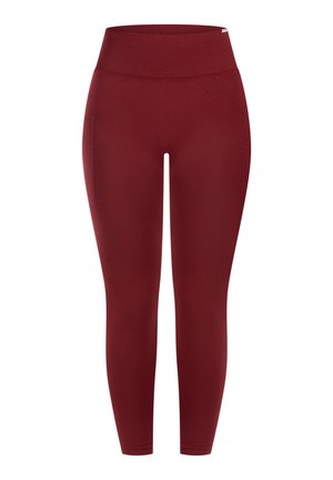 Leggings bordeaux con vita alta, tasca laterale e materiale liscio ed elastico per comfort e libertà di movimento.