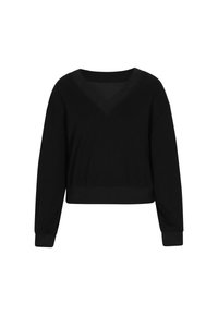 Svart kortärmad sweatshirt med V-hals och långa ärmar. Tillverkad i mjukt material med ribbade detaljer vid halsringningen och nederkanten.
