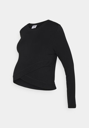 Camisola de maternidade preta de manga longa com decote arredondado e um design cruzado na frente, feita de tecido macio e elástico.