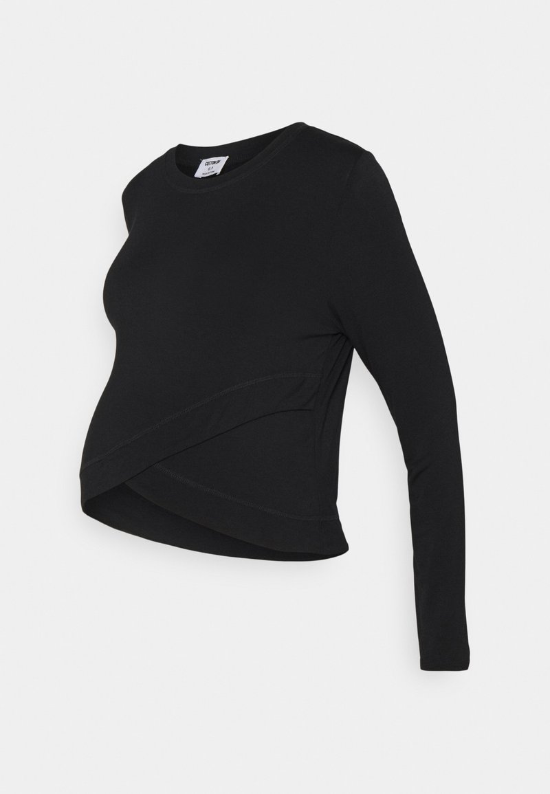 Camisola de maternidade preta de manga longa com decote arredondado e um design cruzado na frente, feita de tecido macio e elástico.