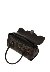 Czarna skórzana torebka z kwiatowym haftem w czerwieni i zieleni. Posiada dwa uchwyty, faliste wieczko z guzikiem i zapinaną na suwak kieszeń wewnętrzną.
