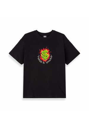 Black cotton t-shirt with short sleeves, featuring a vibrant green dollar sign inside red and yellow flames at the center.