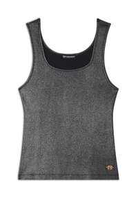 Top senza maniche nero realizzato in un tessuto testurizzato con una finitura metallica, dotato di scollatura rotonda e di un piccolo logo sull'orlo.