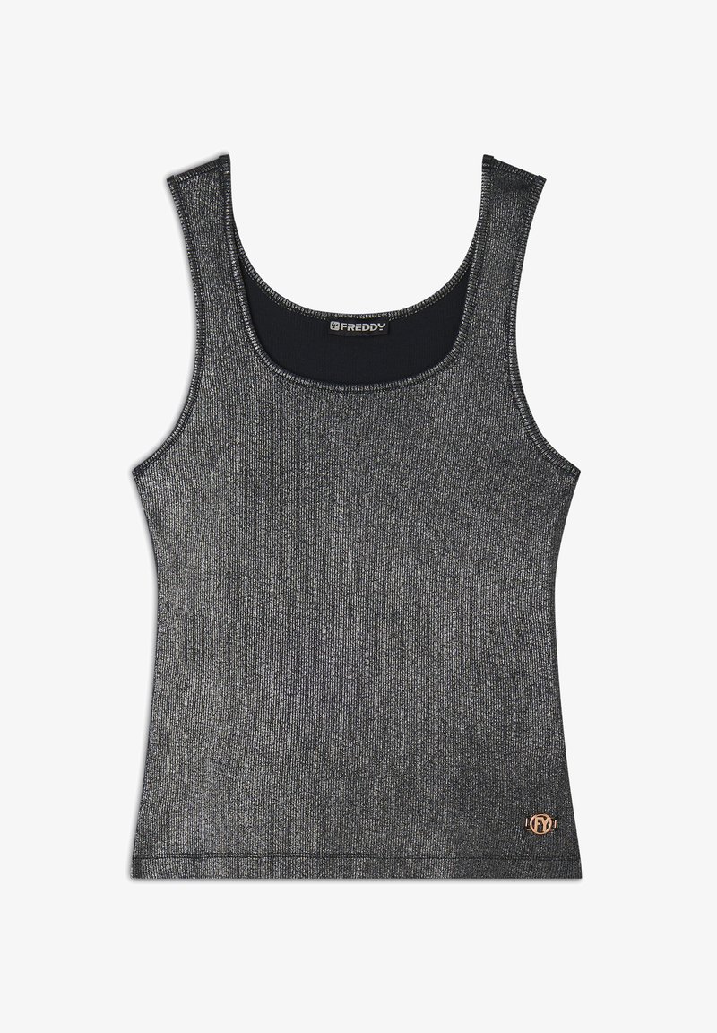 Top senza maniche nero realizzato in un tessuto testurizzato con una finitura metallica, dotato di scollatura rotonda e di un piccolo logo sull'orlo.