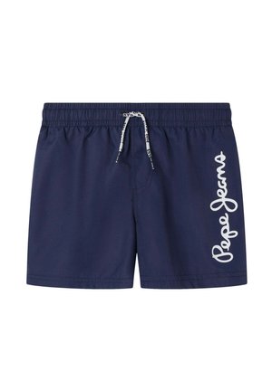 Pantaloni da bagno navy in materiale leggero, con una vita elastica e cordino, e un logo "Pepe Jeans" bianco sul lato.