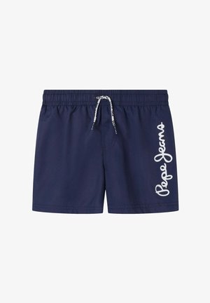 Bañadores de natación navy fabricados en material ligero, con una cintura elástica y cordón ajustable, y un logo blanco de 'Pepe Jeans' en el lateral.