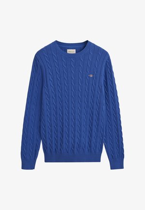 Strickpullover in leuchtendem Blau. Verfügt über einen runden Ausschnitt und gerippte Bündchen. Kleines Logodetail auf der Brust. Aus weichem Stoff gefertigt.