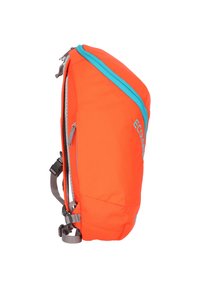 Orange Backpack mit einem türkisfarbenen Reißverschluss, aus strukturiertem Stoff, mit Seitentaschen und einem grauen verstellbaren Tragegurt. Kompaktes und schlankes Design.