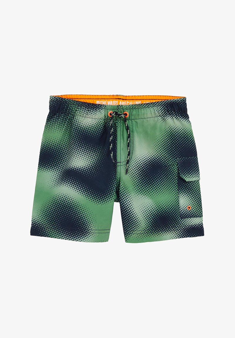 Žali ir tamsiai mėlyni maudymosi šortai su taškiniais raštais, elastinga juosta, raišteliu ir šonine cargo kišene. Lygus poliesterio audinys.