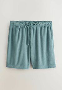 Shorts en tissu éponge doux de couleur sarcelle avec taille élastique et cordon de serrage à l'avant, posés à plat sur un fond clair.