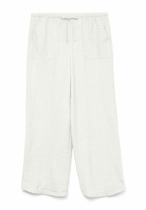 Pantalons en tissu léger de couleur gris clair, avec une taille élastique et un cordon de serrage, dotés de deux poches avant et d'une coupe décontractée.