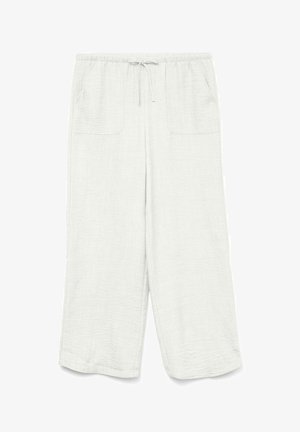 Pantalones de tela ligera en gris claro, con cintura elástica y cordón, que cuentan con dos bolsillos frontales y un corte relajado.