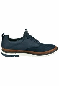 Navy athletic shoe featuring a mesh upper, smooth navy leather accents, brown leather midsole, and a white cushioned sole with black accents.