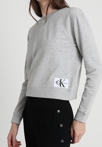 Sudadera gris recortada hecha de tejido suave, con cuello redondo y un parche con el logo en la parte frontal. Diseño simple y minimalista.