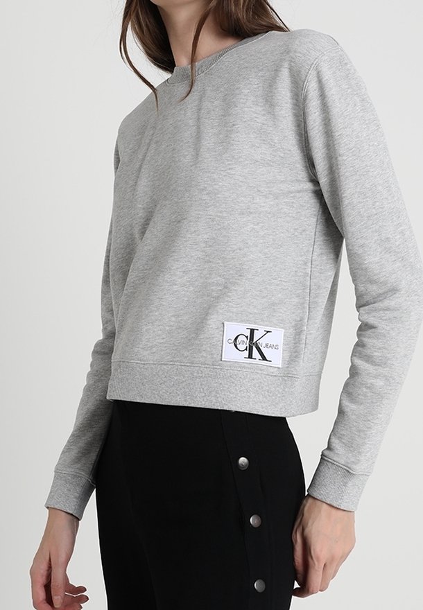 Sudadera gris recortada hecha de tejido suave, con cuello redondo y un parche con el logo en la parte frontal. Diseño simple y minimalista.