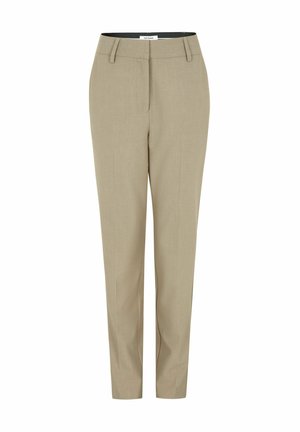 Bež hlače z ravnim krojem, ravnim prednjim delom, dvema sprednjima žepoma in zankami za pas. Narejene iz gladkega, lahkega materiala.
