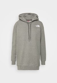 Sweat à capuche gris à manches longues avec cordons, poignets et ourlet côtelés, logo sur la poitrine et texte de marque à l'intérieur de la doublure de la capuche.