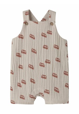 Béžový detský overal s hnedým vzorom autobusu, bez rukávov so zapínaním na gombíky na ramenných popruhoch a krátkymi nohavicami.