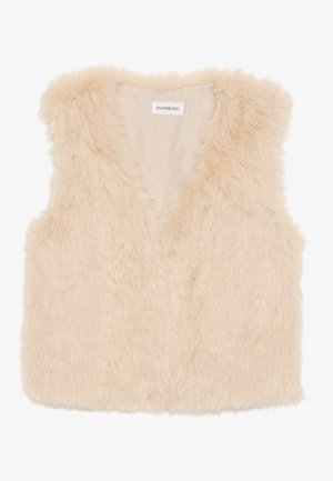 Beige faux fur vest with a V-neck design, open front, and thick, soft texture. Features no fastenings and a smooth lining.
